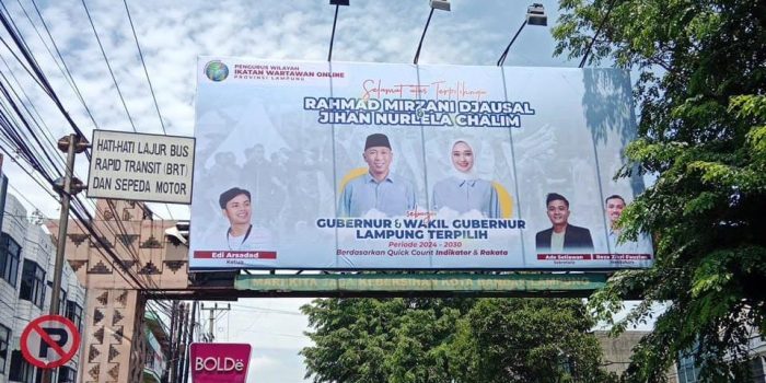 Rahmat Mirzani Djausal – Jihan Nurlela Unggul Pilkada Provinsi Lampung, Ucapan Selamat Penuhi Sudut Kota Bandarlampung